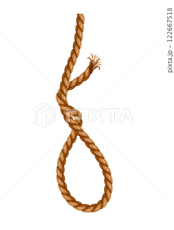 Hanging rope with tassel and node. Knitted nautical thread or marine vertical fiber. Textile tassel hang at rope isolated on white background. Vector illustration 122667518