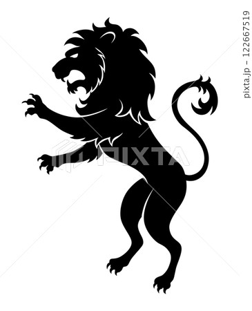Heraldic lion silhouette. Black standing lion in flat style. Heraldic icon, symbol and design element isolated on white background. Vector illustration 122667519