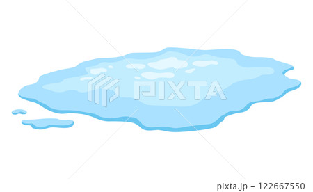 Water spill puddle. Blue liquid shape in flat cartoon style. Clean fluid drop design element isolated on white background Water spill puddle. Blue liquid shape in flat cartoon style. Clean fluid drop design element isolated on white background 122667550