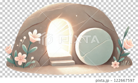 Ethereal Cavern Entrance with Blooming Flora and Radiant Light 122667597