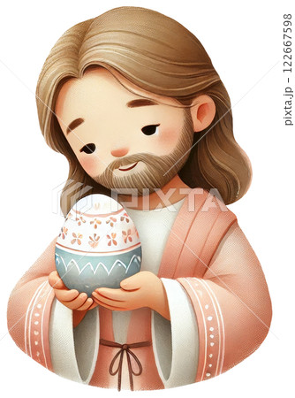 Figurine of Jesus Christ Holding Easter Egg Symbolizing Resurrection Figurine of Jesus Christ Holding Easter Egg Symbolizing Resurrection 122667598