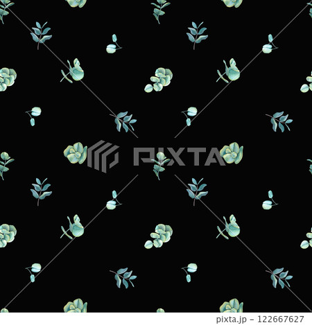 Watercolor eucalyptus seamless pattern. Hand drawn branches with leaves isolated on black background. Floral illustration for design, fabric, wrapping paper, textile, wallpaper, banner, decoupage card 122667627