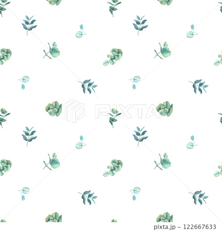 Watercolor eucalyptus seamless pattern. Hand drawn branches with leaves isolated on white background. Floral illustration for design, fabric, wrapping paper, textile, wallpaper, banner, decoupage card Watercolor eucalyptus seamless pattern. Hand drawn branches with leaves isolated on white background. Floral illustration for design, fabric, wrapping paper, textile, wallpaper, banner, decoupage card 122667633