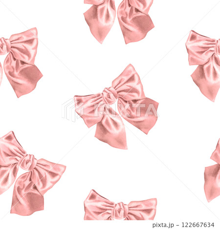 Seamless watercolor pattern with satin ribbon bow in pink color isolated on white background. Hand drawn illustration. Delicate pastel design for background, card, packaging, fabric, wrapping paper. 122667634