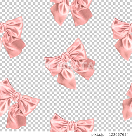 Seamless watercolor pattern with satin ribbon bow in pink color isolated on white background. Hand drawn illustration. Delicate pastel design for background, card, packaging, fabric, wrapping paper. 122667634