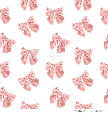 Seamless watercolor pattern with pink silk bow. Hand drawn illustration of cute fabric hair ribbon in coquette style on isolated white background. For hairstyles product packaging or scrapbooking. 122667635
