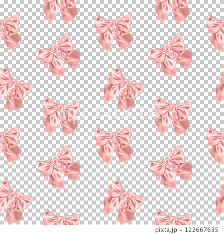 Seamless watercolor pattern with pink silk bow. Hand drawn illustration of cute fabric hair ribbon in coquette style on isolated white background. For hairstyles product packaging or scrapbooking. 122667635