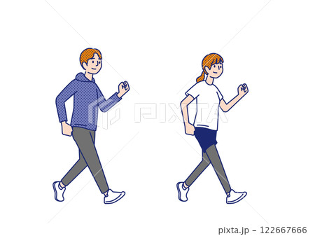 健康のためウォーキングする若い男女 122667666