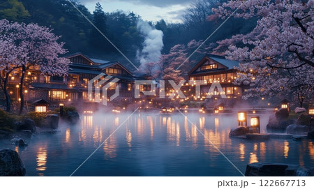 Magical Nighttime View of an Illuminated Onsen Surrounded by Cherry Blossoms in a Traditional 122667713