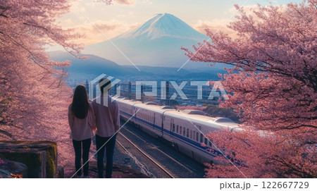 Romantic Couple Admiring Scenic Train Journey at Blossoming Cherry Blossom Overlook 122667729