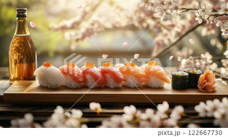 Scenic Arrangement of Authentic Japanese Sushi and Sashimi on Wooden Table with Blooming Cherry 122667730