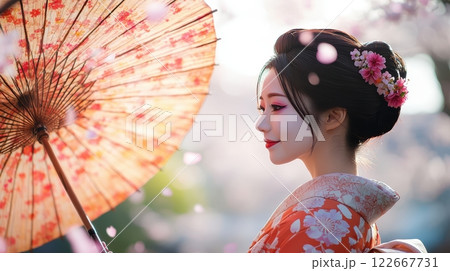 Serene Geisha Holding Paper Parasol in Traditional Japanese Kimono 122667731