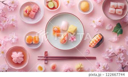 Traditional Japanese Dining Experience A Culturally Inspired Flat Lay of Exquisite Cuisine 122667744