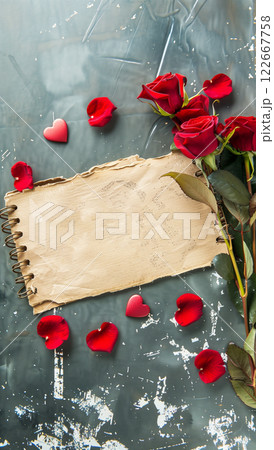 Vintage place for text with red roses and hearts on parchment background 122667758