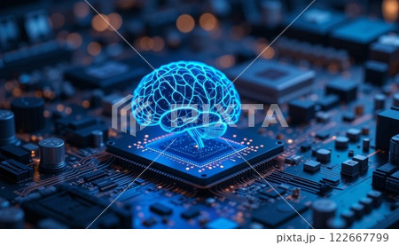 Futuristic Glowing Brain on Circuit Board Representing Artificial Intelligence. 122667799