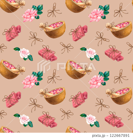 Seamless pattern with wooden bowl, rose petals, pestle, natural soap and rose flowers. Hand drawn watercolor illustration on brown isolated background. Spa items perfect for labels, blogs, websites. Seamless pattern with wooden bowl, rose petals, pestle, natural soap and rose flowers. Hand drawn watercolor illustration on brown isolated background. Spa items perfect for labels, blogs, websites. 122667891