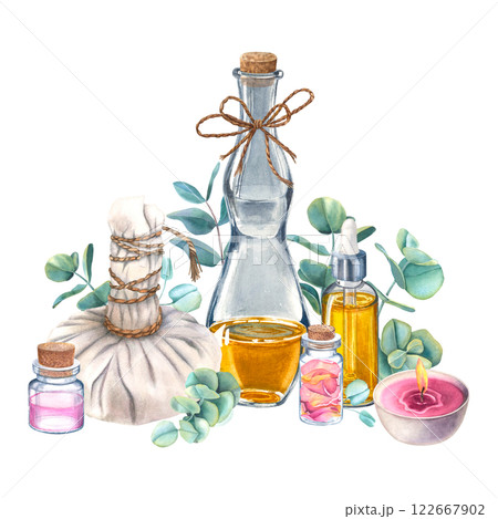 Thai oil massage accessories with eucalyptus leaves. Candle, rose petals, parfume water in small glass bottle. Hand drawn watercolor illustration on isolated background. Spa and wellness concept. Thai oil massage accessories with eucalyptus leaves. Candle, rose petals, parfume water in small glass bottle. Hand drawn watercolor illustration on isolated background. Spa and wellness concept. 122667902
