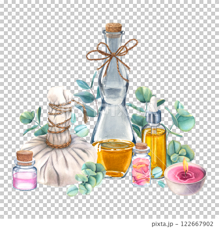 Thai oil massage accessories with eucalyptus leaves. Candle, rose petals, parfume water in small glass bottle. Hand drawn watercolor illustration on isolated background. Spa and wellness concept. 122667902
