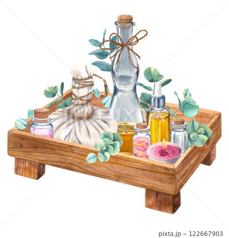 Thai oil massage accessories with eucalyptus leaves, candle, rose petals, parfume water in glass bottle on wooden tray. Hand drawn watercolor illustration on isolated background. Wellness concept. 122667903