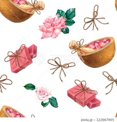 Seamless pattern with wooden bowl, rose petals, pestle, natural soap and rose flowers. Hand drawn watercolor illustration on white isolated background. Spa items perfect for labels, blogs, websites. 122667905
