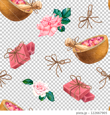 Seamless pattern with wooden bowl, rose petals, pestle, natural soap and rose flowers. Hand drawn watercolor illustration on white isolated background. Spa items perfect for labels, blogs, websites. 122667905