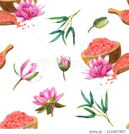 Seamless pattern of wooden bowl, scoop with pink sea salt and water lily flower. Hand drawn watercolor illustration on white isolated background. For decorating spas and beauty shops, wellness resorts Seamless pattern of wooden bowl, scoop with pink sea salt and water lily flower. Hand drawn watercolor illustration on white isolated background. For decorating spas and beauty shops, wellness resorts 122667907