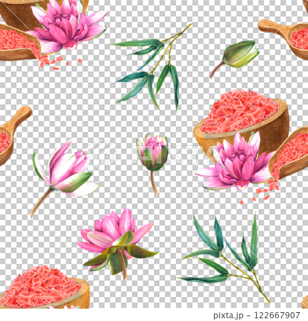 Seamless pattern of wooden bowl, scoop with pink sea salt and water lily flower. Hand drawn watercolor illustration on white isolated background. For decorating spas and beauty shops, wellness resorts 122667907