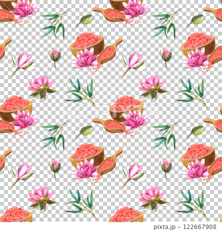 Seamless pattern of wooden bowl, scoop with pink sea salt and water lily flower. Hand drawn watercolor illustration on white isolated background. For decorating spas and beauty shops, wellness resorts Seamless pattern of wooden bowl, scoop with pink sea salt and water lily flower. Hand drawn watercolor illustration on white isolated background. For decorating spas and beauty shops, wellness resorts 122667908