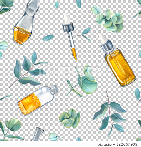 Seamless pattern of glass bottles with oil for skin and eucalyptus leaves. Hand drawn watercolor illustration of flask isolated on white background. For packaging, advertising of cosmetic, label. Seamless pattern of glass bottles with oil for skin and eucalyptus leaves. Hand drawn watercolor illustration of flask isolated on white background. For packaging, advertising of cosmetic, label. 122667909