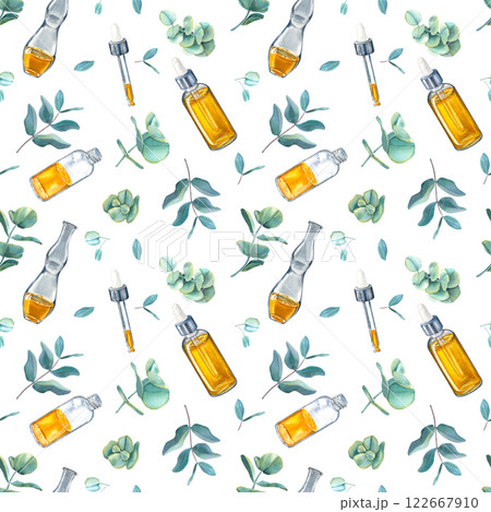Seamless pattern of glass bottles with oil for skin and eucalyptus leaves. Hand drawn watercolor illustration of flask isolated on white background. For packaging, advertising of cosmetic, label. Seamless pattern of glass bottles with oil for skin and eucalyptus leaves. Hand drawn watercolor illustration of flask isolated on white background. For packaging, advertising of cosmetic, label. 122667910