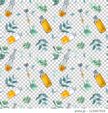 Seamless pattern of glass bottles with oil for skin and eucalyptus leaves. Hand drawn watercolor illustration of flask isolated on white background. For packaging, advertising of cosmetic, label. Seamless pattern of glass bottles with oil for skin and eucalyptus leaves. Hand drawn watercolor illustration of flask isolated on white background. For packaging, advertising of cosmetic, label. 122667910