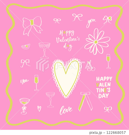 Whimsical coquette food and wine pink background. La dolce vita concept. Design elements for Valentines Day greeting cards, wedding invitations, birthday. 122668057