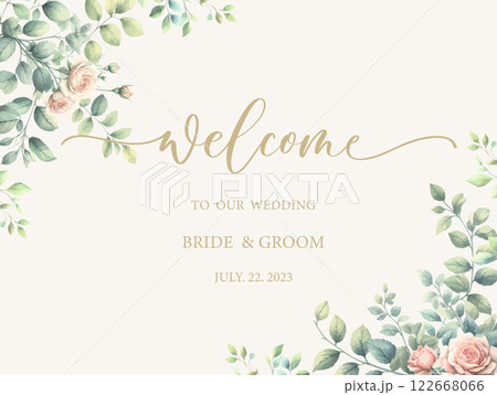Welcome wedding sign. Calligraphy with watercolor botanical flowers and leaves. Abstract floral art background vector design for wedding invitation and vip cover template. 122668066