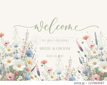 Welcome wedding sign. Calligraphy with watercolor botanical flowers and leaves. Abstract floral art background vector design for wedding invitation and vip cover template. Welcome wedding sign. Calligraphy with watercolor botanical flowers and leaves. Abstract floral art background vector design for wedding invitation and vip cover template. 122668067