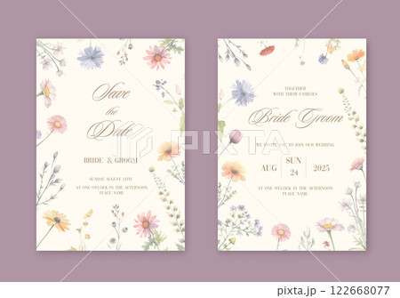 Wedding invitation set with watercolor wild flowers and herbs. Wedding invitation set with watercolor wild flowers and herbs. 122668077