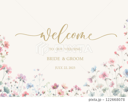 Welcome wedding sign. Calligraphy with watercolor botanical flowers and leaves. Abstract floral art background vector design for wedding invitation and vip cover template. Welcome wedding sign. Calligraphy with watercolor botanical flowers and leaves. Abstract floral art background vector design for wedding invitation and vip cover template. 122668078