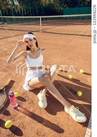 Fit woman spots player posing on sunny tennis court dressed in sportswear Fit woman spots player posing on sunny tennis court dressed in sportswear 122668226