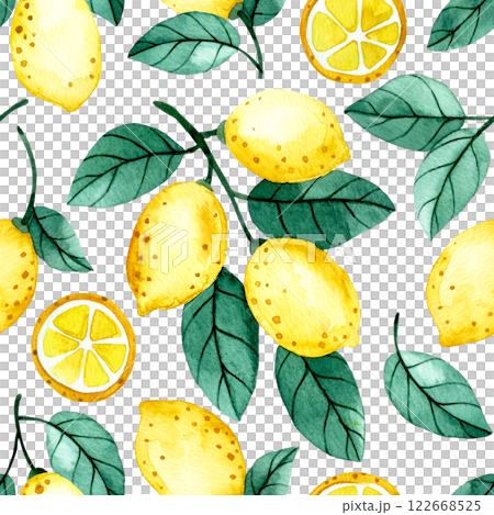 watercolor illustration, seamless pattern of lemon fruits and leaves. cute cartoon print 122668525