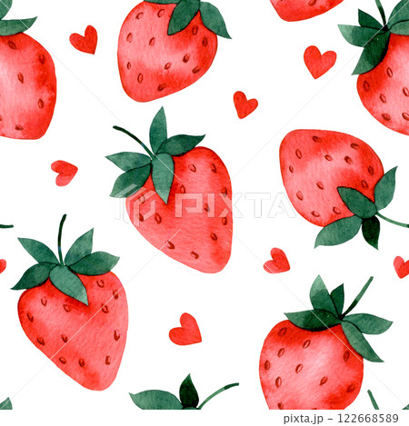 watercolor illustration, seamless pattern of strawberry and hearts. cute cartoon print watercolor illustration, seamless pattern of strawberry and hearts. cute cartoon print 122668589