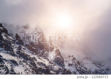 Mountain peaks near Morskie Oko Lake in Poland at Winter. Tatras range 122668713
