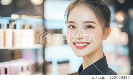 笑顔の美容店員と化粧品ディスプレイ 笑顔の美容店員と化粧品ディスプレイ 122669320