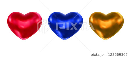 Set of realistic 3d Heart. Red, blue and gold color. Vector illustration for romantic greeting card, invitation, design, banner, flyer, poster, decoration 122669365
