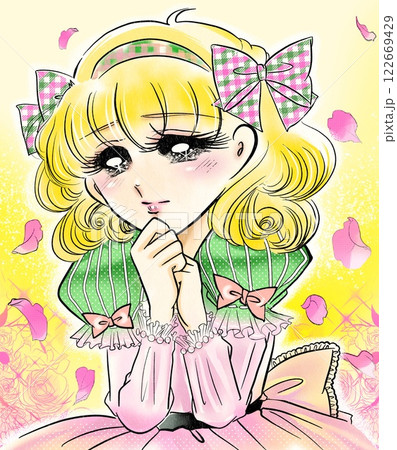 昭和レトロ風70年代少女漫画のぶりっ子美少女がときめくポートレートイラスト 122669429