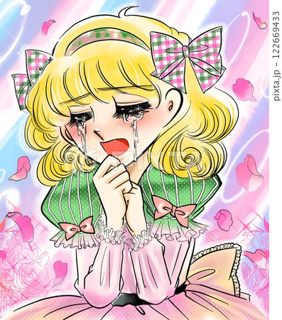 70年代、昔の少女漫画のお姫様風主人公が号泣するポートレートイラスト 122669433