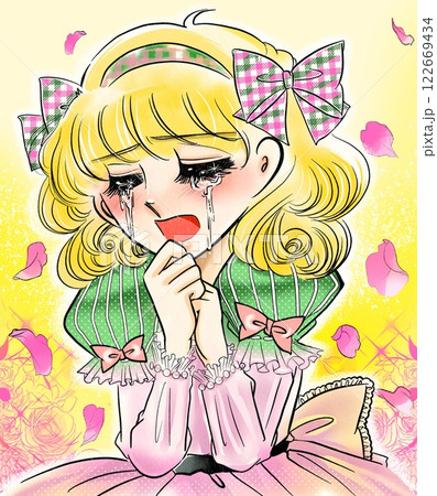 70年代、昔の少女漫画のお姫様風主人公が号泣するポートレートイラスト 122669434