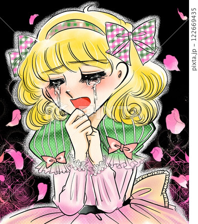 70年代、昔の少女漫画のお姫様風主人公が号泣するポートレートイラスト 122669435