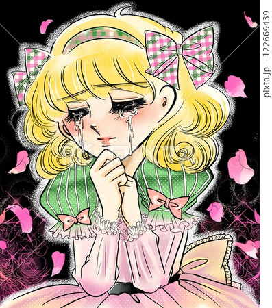 70年代、昔の少女漫画のお姫様風主人公が号泣するポートレートイラスト 122669439