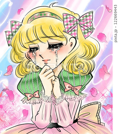 70年代、昔の少女漫画のお姫様風主人公が号泣するポートレートイラスト 122669443