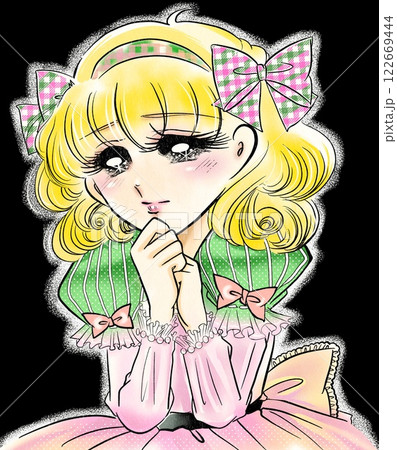 昭和レトロ風70年代少女漫画のぶりっ子美少女がときめくポートレートイラスト 122669444