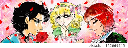 70年代少女漫画イケメン王子様たちのデートのお誘いに迷う金髪美女の妄想イラスト 122669446